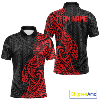 Custom Black And Red Tribal Bowling Men Polo Shirt, Bowling Team League Shirt IPHW12485