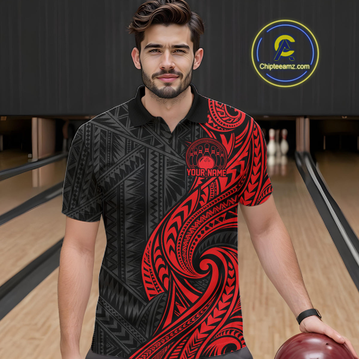 Custom Black And Red Tribal Bowling Men Polo Shirt, Bowling Team League Shirt IPHW12485