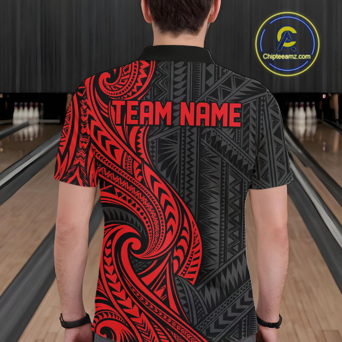 Custom Black And Red Tribal Bowling Men Polo Shirt, Bowling Team League Shirt IPHW12485