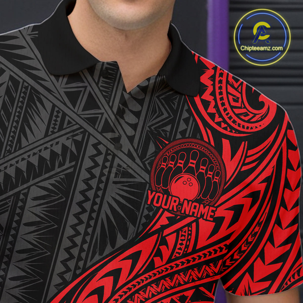 Custom Black And Red Tribal Bowling Men Polo Shirt, Bowling Team League Shirt IPHW12485