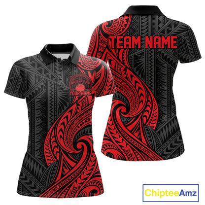 Custom Black And Red Tribal Bowling Women Polo Shirt, Bowling Team League Shirt IPHW12485
