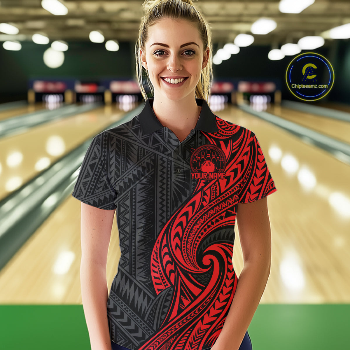Custom Black And Red Tribal Bowling Women Polo Shirt, Bowling Team League Shirt IPHW12485