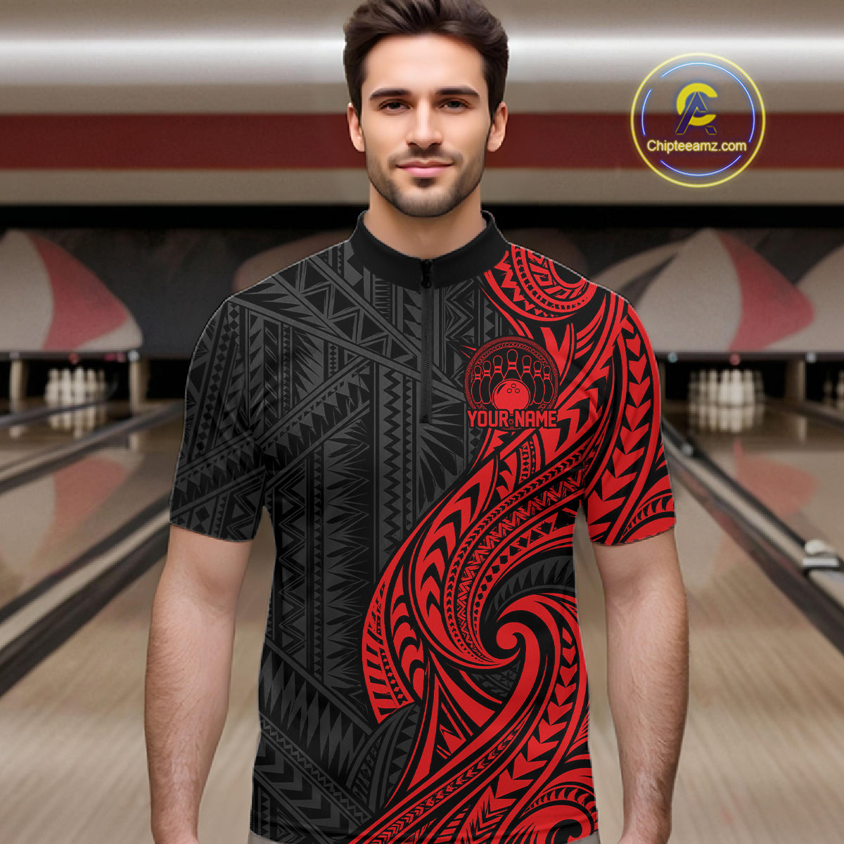Custom Black And Red Tribal Bowling Men Quarter Zip Shirt, Bowling Team League Shirt IPHW12485