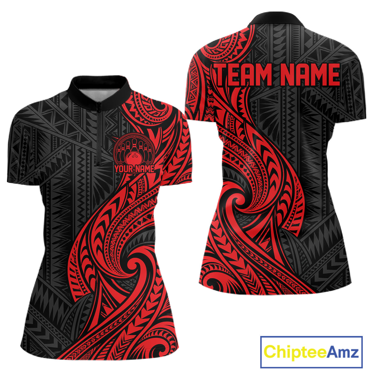 Custom Black And Red Tribal Bowling Women Quarter-Zip Shirt, Bowling Team League Shirt IPHW12485