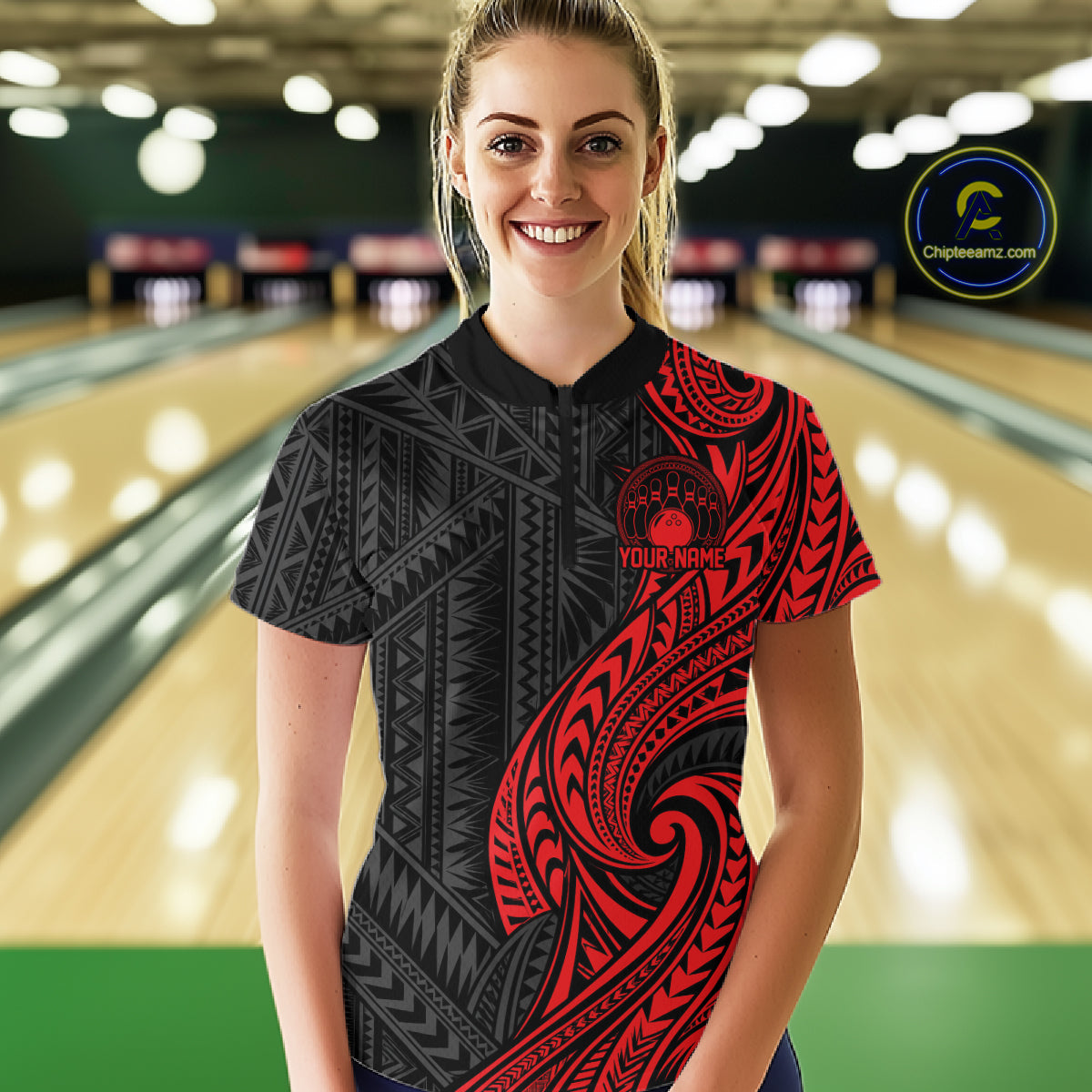 Custom Black And Red Tribal Bowling Women Quarter-Zip Shirt, Bowling Team League Shirt IPHW12485