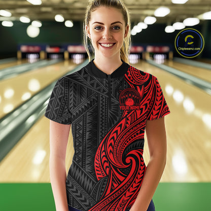 Custom Black And Red Tribal Bowling Women Quarter-Zip Shirt, Bowling Team League Shirt IPHW12485