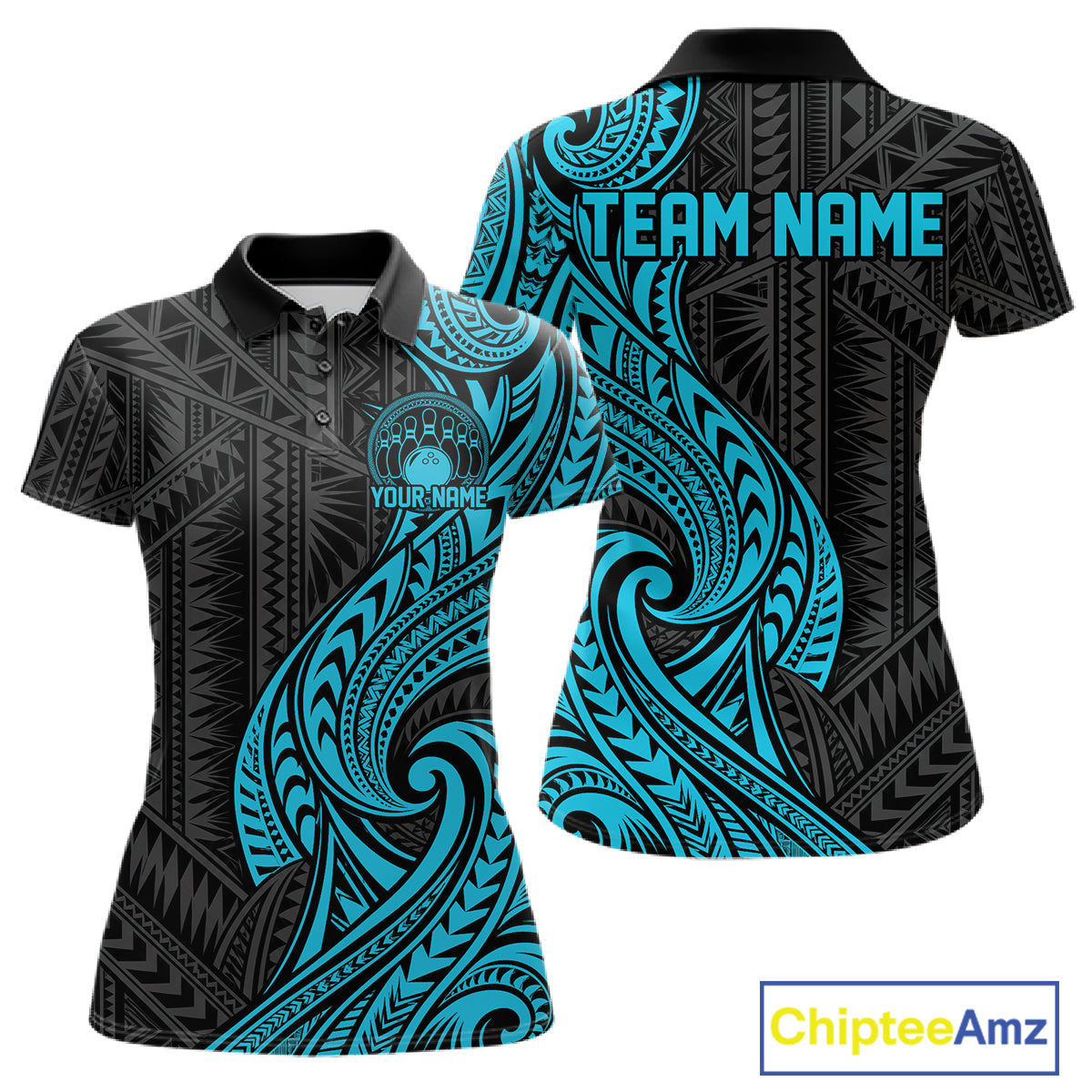 Custom Black And Turquoise Tribal Bowling Women Polo Shirt, Bowling Team League Shirt IPHW12486