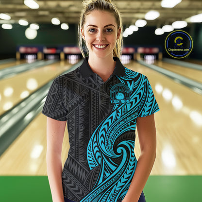 Custom Black And Turquoise Tribal Bowling Women Polo Shirt, Bowling Team League Shirt IPHW12486