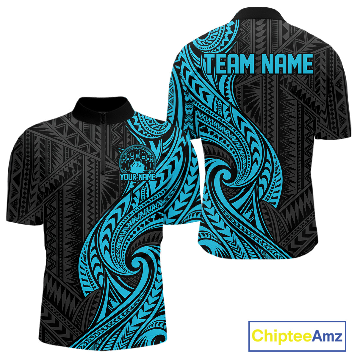 Custom Black And Turquoise Tribal Bowling Men Quarter Zip Shirt, Bowling Team League Shirt IPHW12486