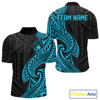 Custom Black And Turquoise Tribal Bowling Men Quarter Zip Shirt, Bowling Team League Shirt IPHW12486