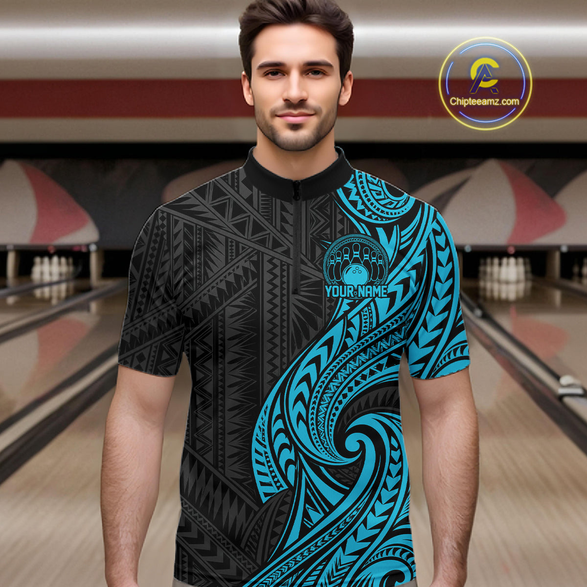 Custom Black And Turquoise Tribal Bowling Men Quarter Zip Shirt, Bowling Team League Shirt IPHW12486