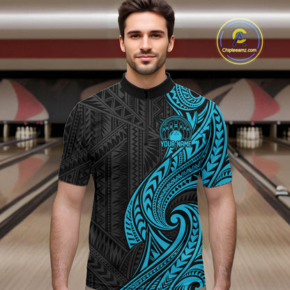 Custom Black And Turquoise Tribal Bowling Men Quarter Zip Shirt, Bowling Team League Shirt IPHW12486