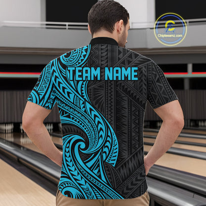 Custom Black And Turquoise Tribal Bowling Men Quarter Zip Shirt, Bowling Team League Shirt IPHW12486
