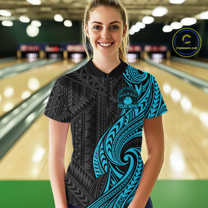 Custom Black And Turquoise Tribal Bowling Women Quarter-Zip Shirt, Team League Shirt IPHW12486