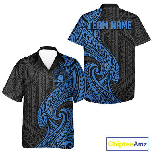 Custom Black And Blue Tribal Bowling Men And Women Button Up Shirt, Bowling Team League Shirt IPHW12487