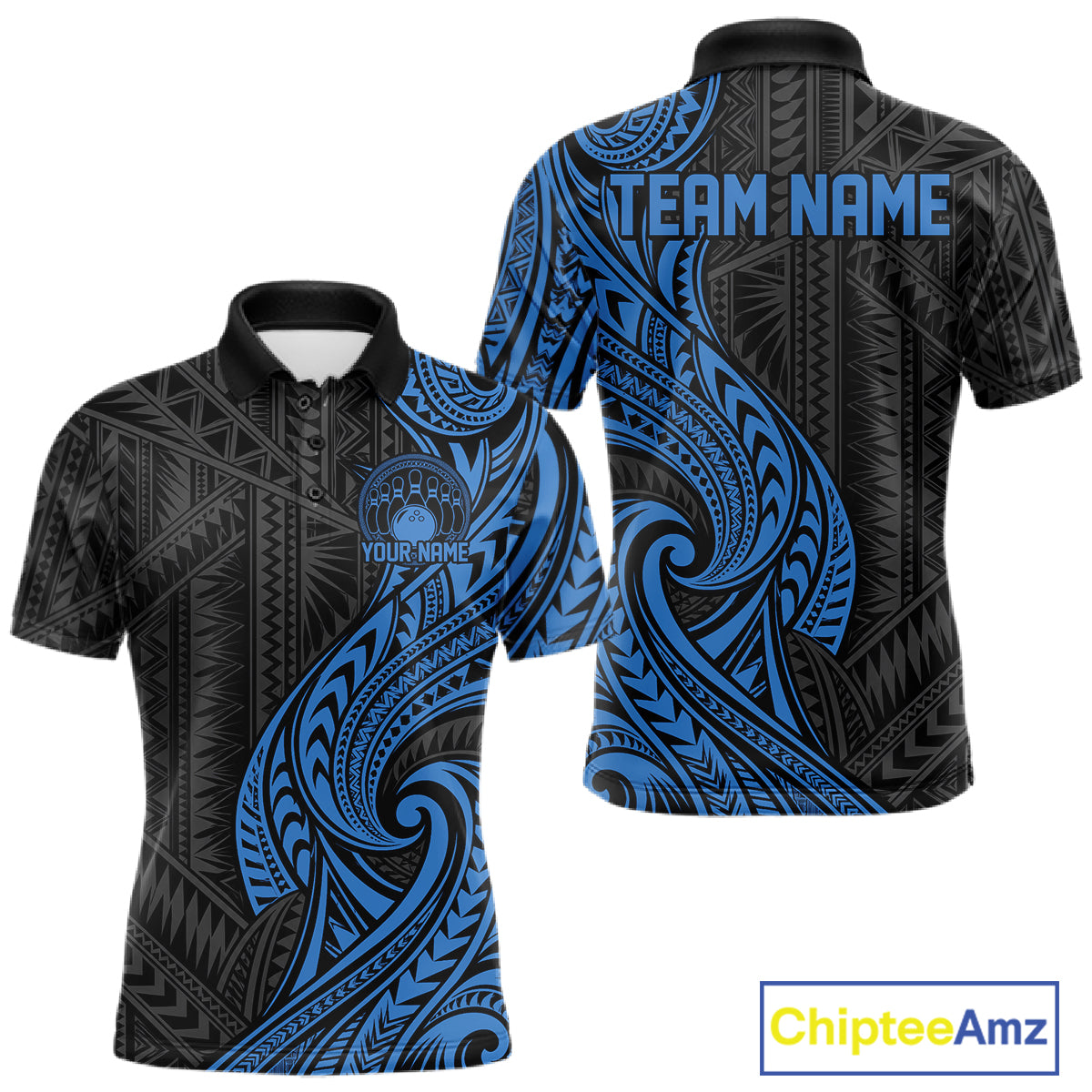 Custom Black And Blue Tribal Bowling Men Polo Shirt, Bowling Team League Shirt IPHW12487