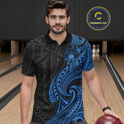 Custom Black And Blue Tribal Bowling Men Polo Shirt, Bowling Team League Shirt IPHW12487