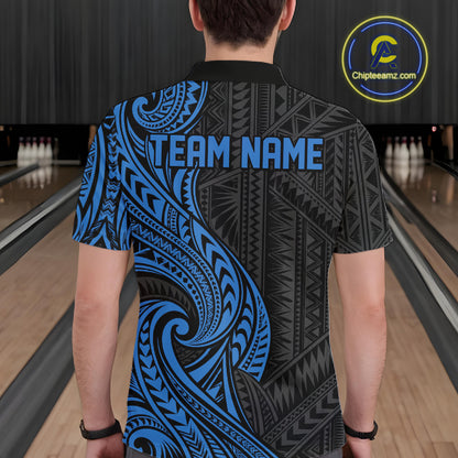Custom Black And Blue Tribal Bowling Men Polo Shirt, Bowling Team League Shirt IPHW12487
