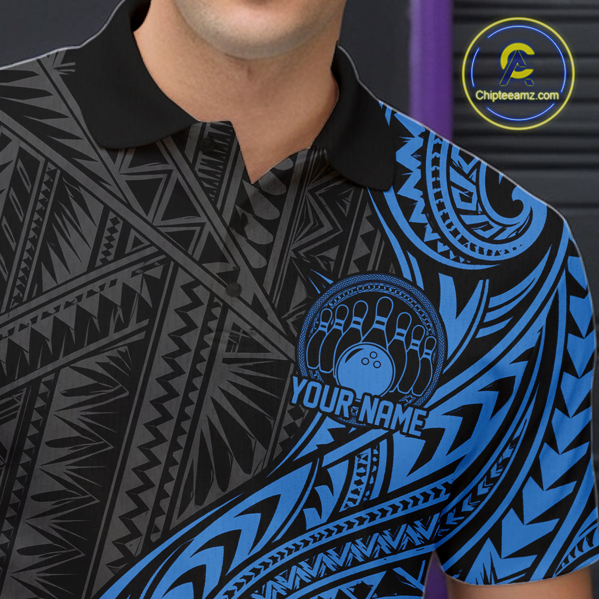 Custom Black And Blue Tribal Bowling Men Polo Shirt, Bowling Team League Shirt IPHW12487