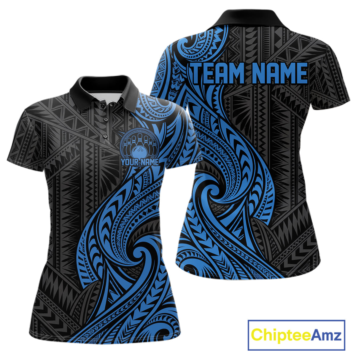 Custom Black And Blue Tribal Bowling Women Polo Shirt, Bowling Team League Shirt IPHW12487