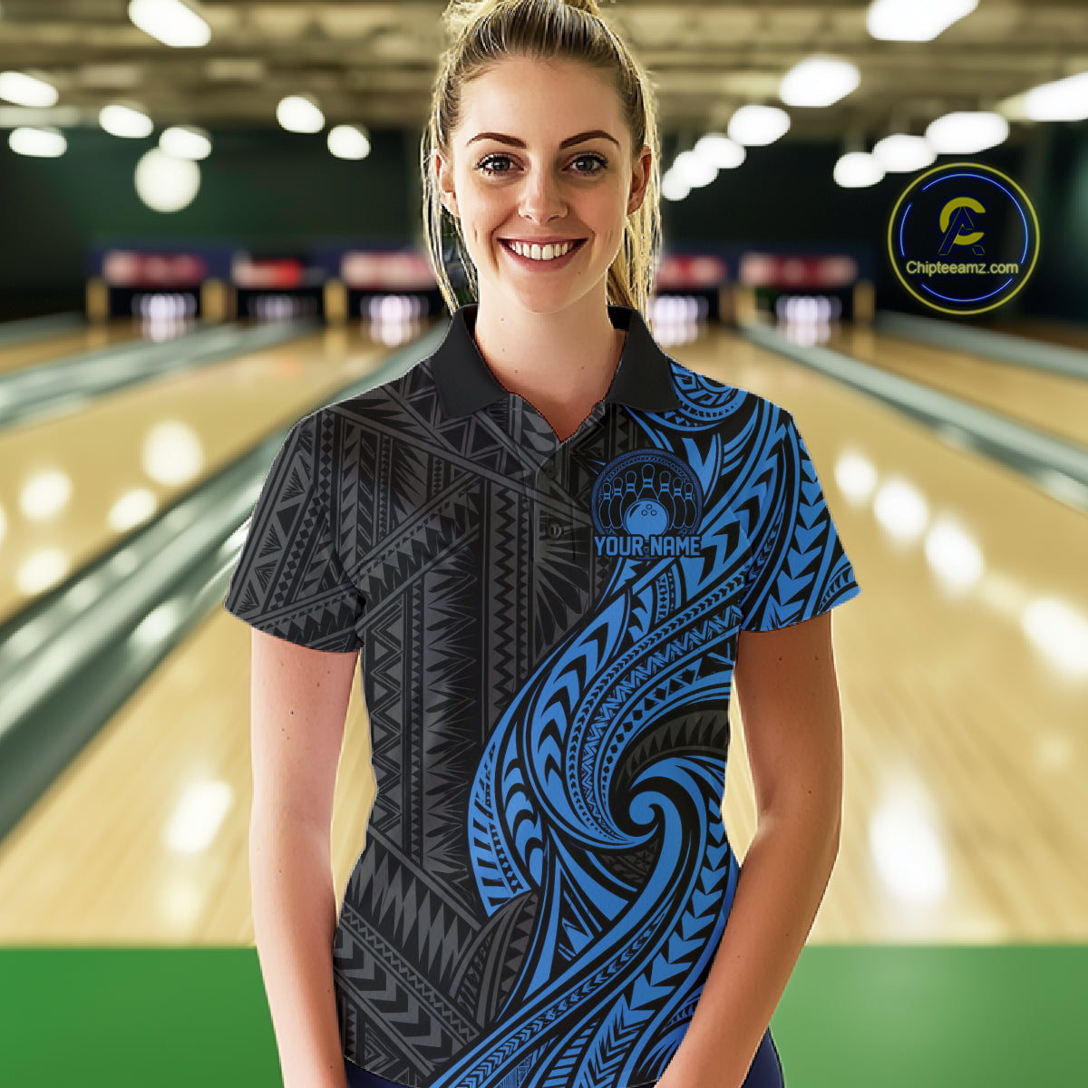 Custom Black And Blue Tribal Bowling Women Polo Shirt, Bowling Team League Shirt IPHW12487