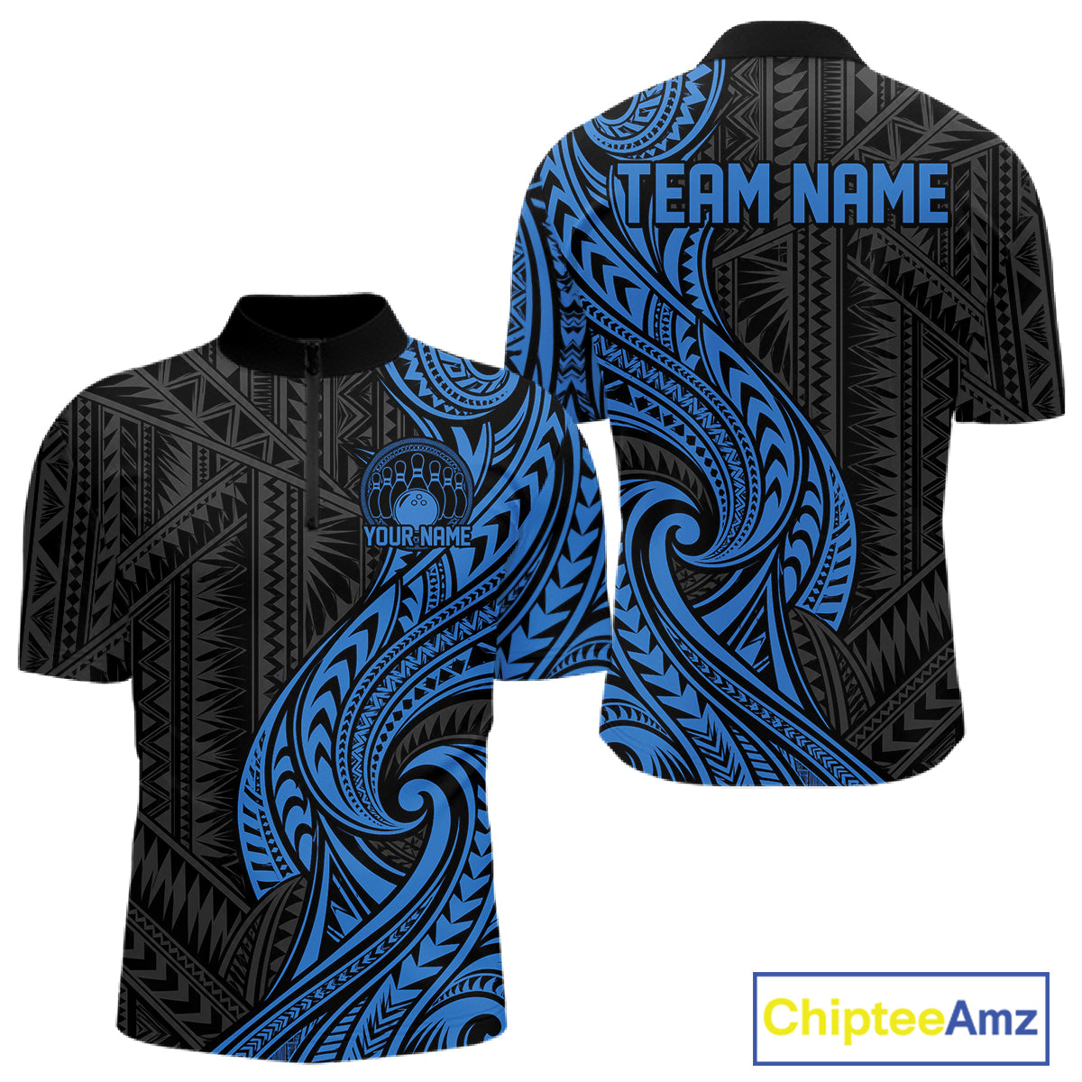 Custom Black And Blue Tribal Bowling Men Quarter Zip Shirt, Bowling Team League Shirt IPHW12487