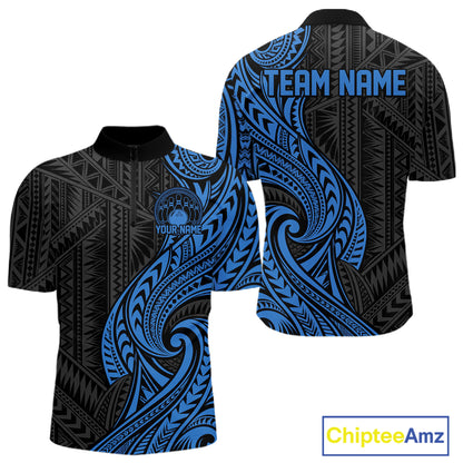 Custom Black And Blue Tribal Bowling Men Quarter Zip Shirt, Bowling Team League Shirt IPHW12487