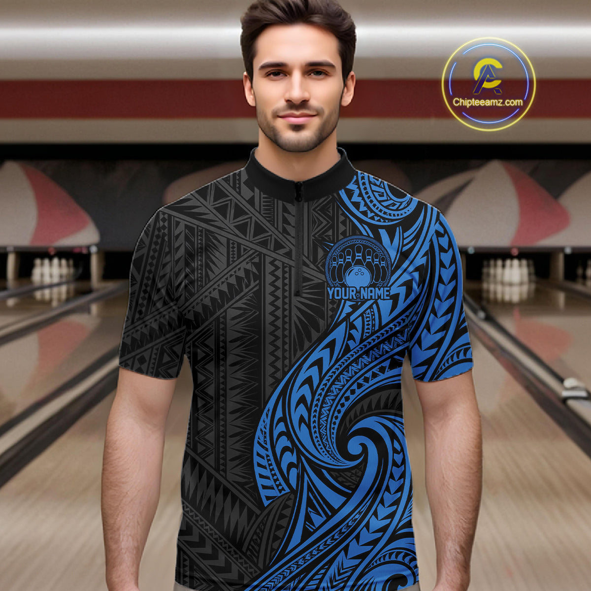 Custom Black And Blue Tribal Bowling Men Quarter Zip Shirt, Bowling Team League Shirt IPHW12487