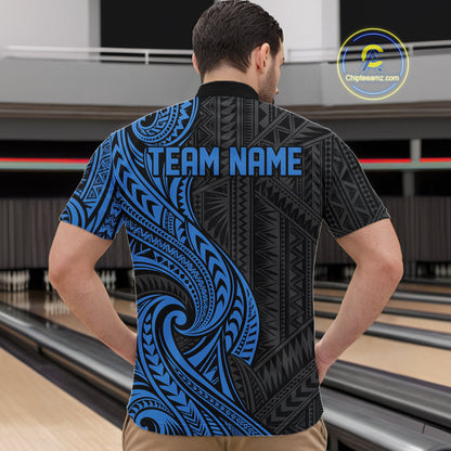 Custom Black And Blue Tribal Bowling Men Quarter Zip Shirt, Bowling Team League Shirt IPHW12487