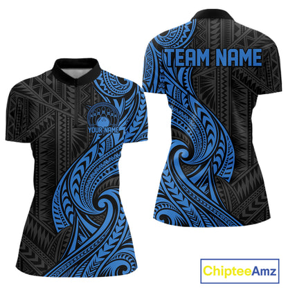 Custom Black And Blue Tribal Bowling Women Quarter-Zip Shirt, Bowling Team League Shirt IPHW12487