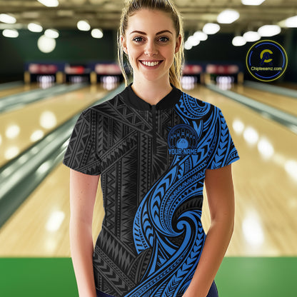 Custom Black And Blue Tribal Bowling Women Quarter-Zip Shirt, Bowling Team League Shirt IPHW12487
