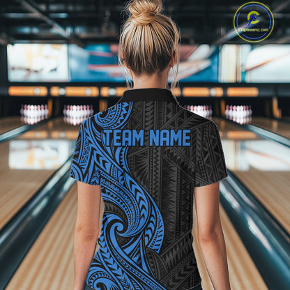 Custom Black And Blue Tribal Bowling Women Quarter-Zip Shirt, Bowling Team League Shirt IPHW12487