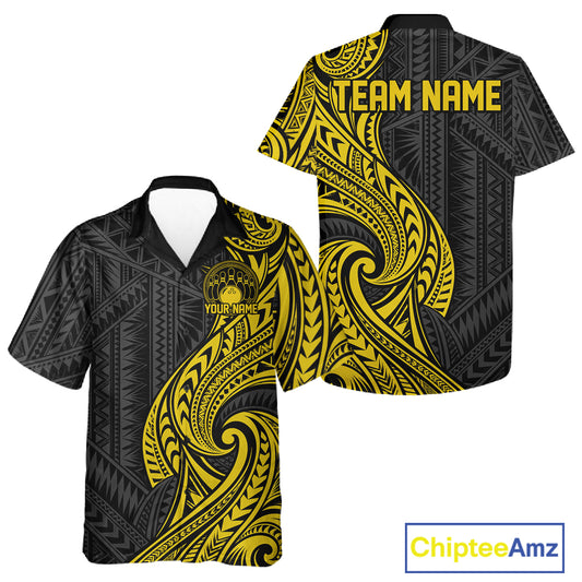 Custom Black And Gold Tribal Bowling Men And Women Button Up Shirt, Bowling Team League Shirt IPHW12488