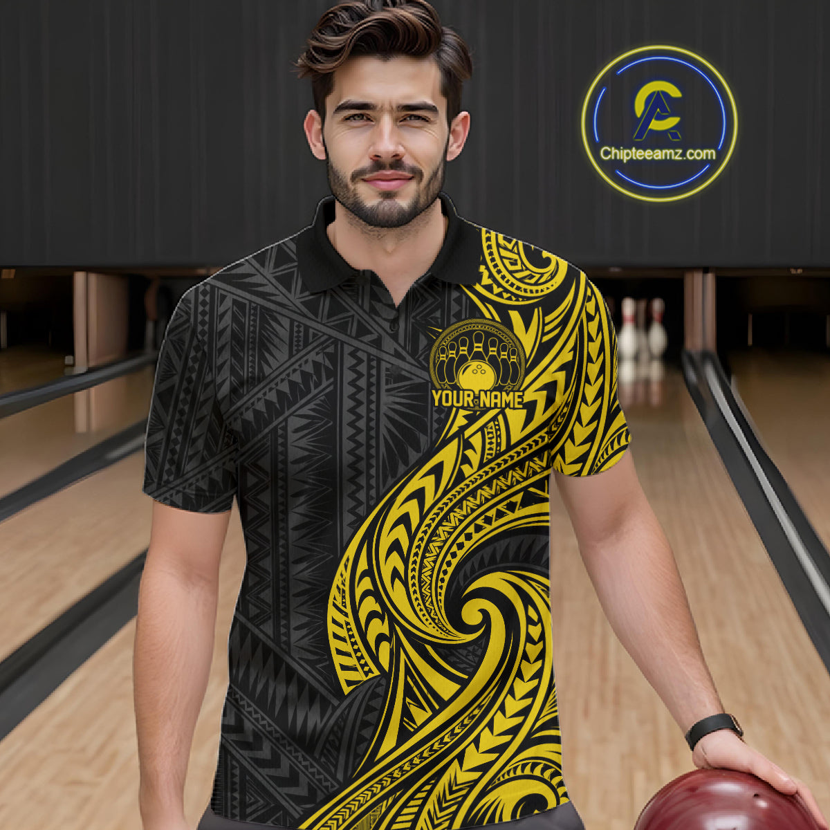 Custom Black And Gold Tribal Bowling Men Polo Shirt, Bowling Team League Shirt IPHW12488