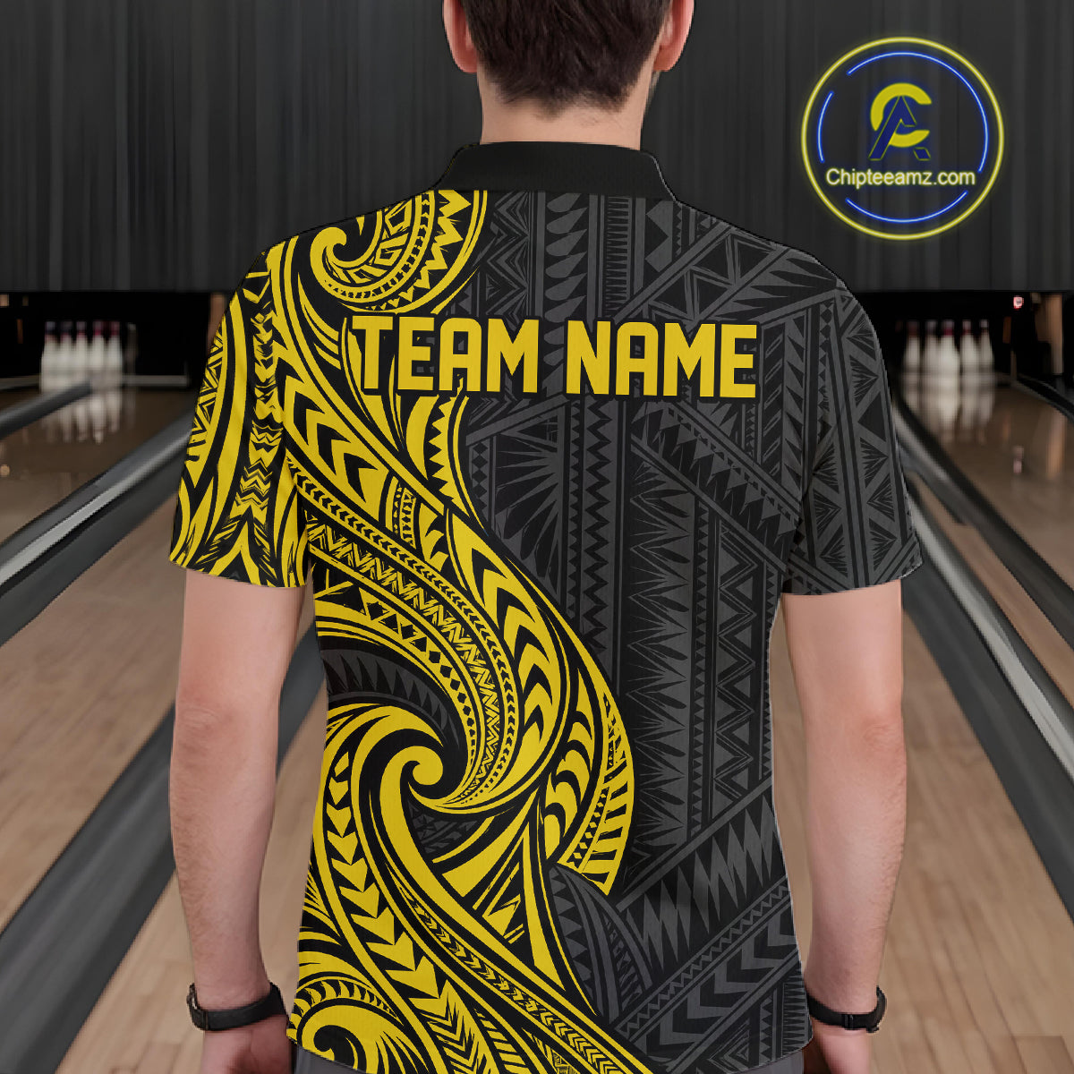 Custom Black And Gold Tribal Bowling Men Polo Shirt, Bowling Team League Shirt IPHW12488
