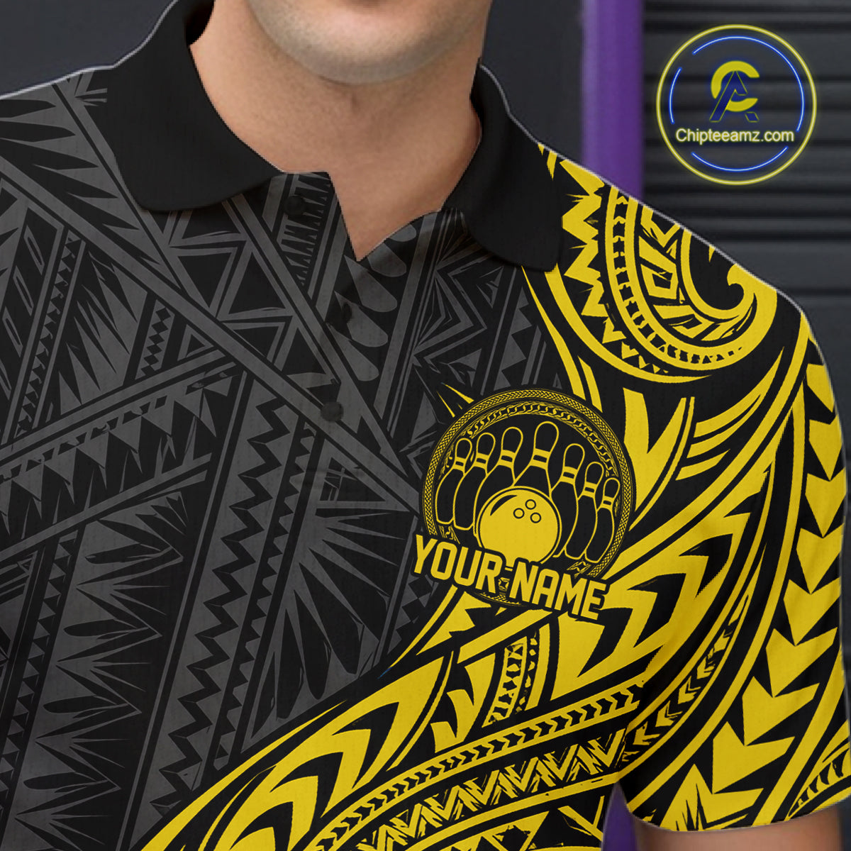 Custom Black And Gold Tribal Bowling Men Polo Shirt, Bowling Team League Shirt IPHW12488