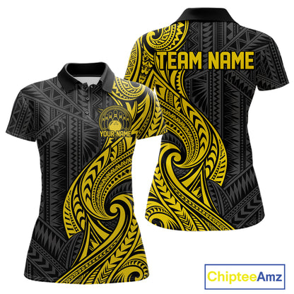 Custom Black And Gold Tribal Bowling Women Polo Shirt, Bowling Team League Shirt IPHW12488