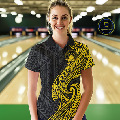 Custom Black And Gold Tribal Bowling Women Polo Shirt, Bowling Team League Shirt IPHW12488