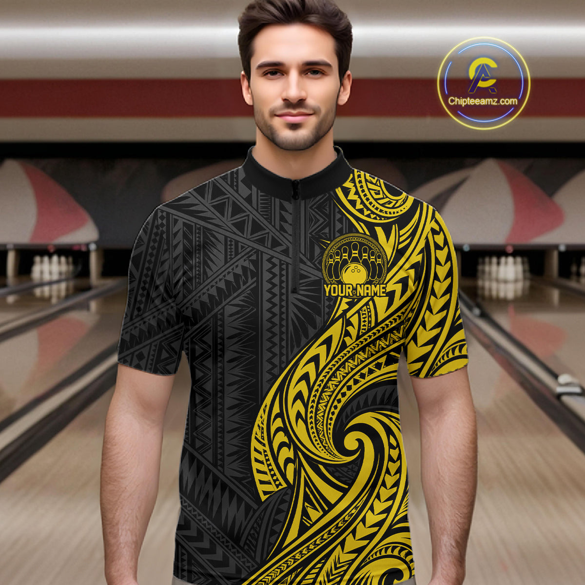 Custom Black And Gold Tribal Bowling Men Quarter Zip Shirt, Bowling Team League Shirt IPHW12488