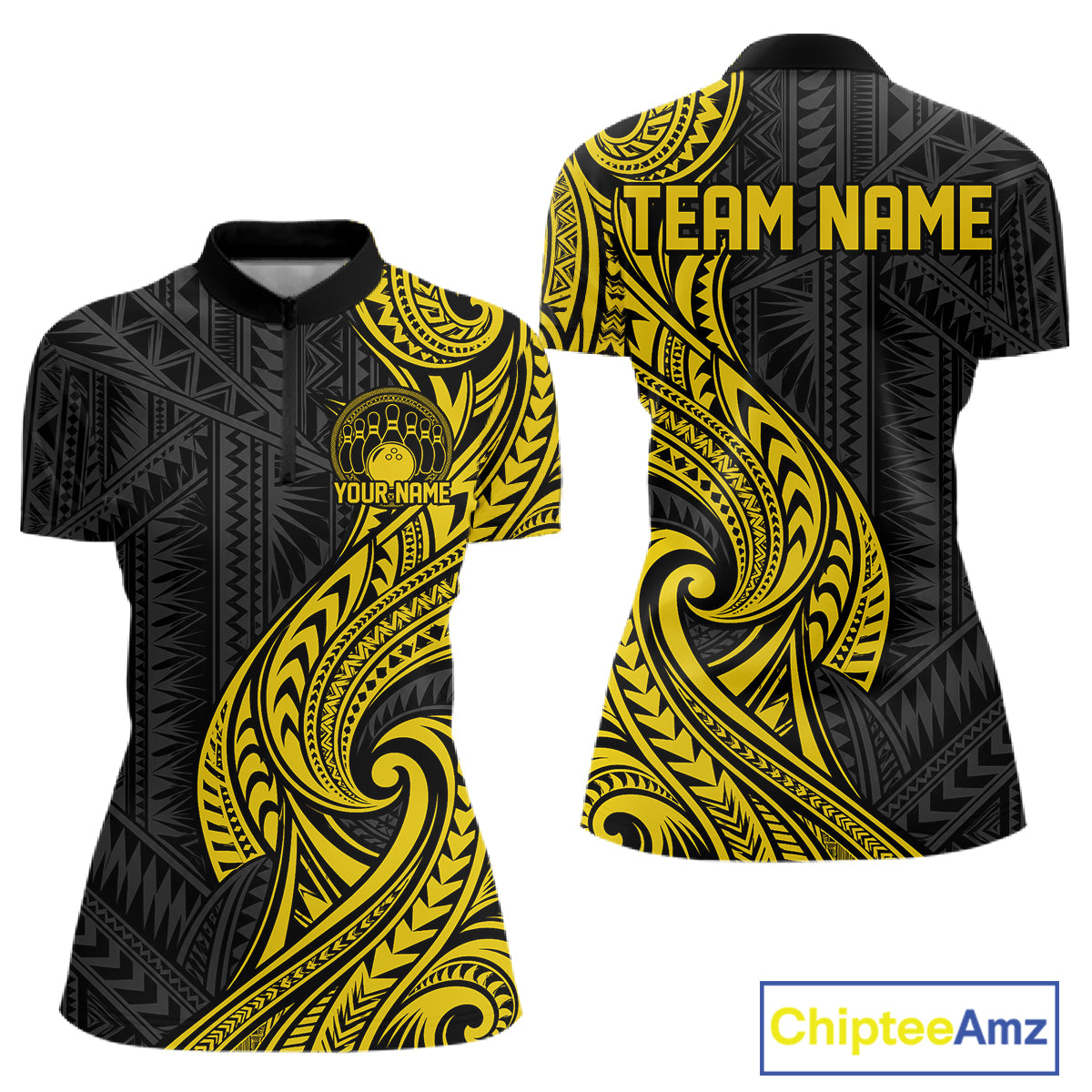 Custom Black And Gold Tribal Bowling Women Quarter-Zip Shirt, Bowling Team League Shirt IPHW12488