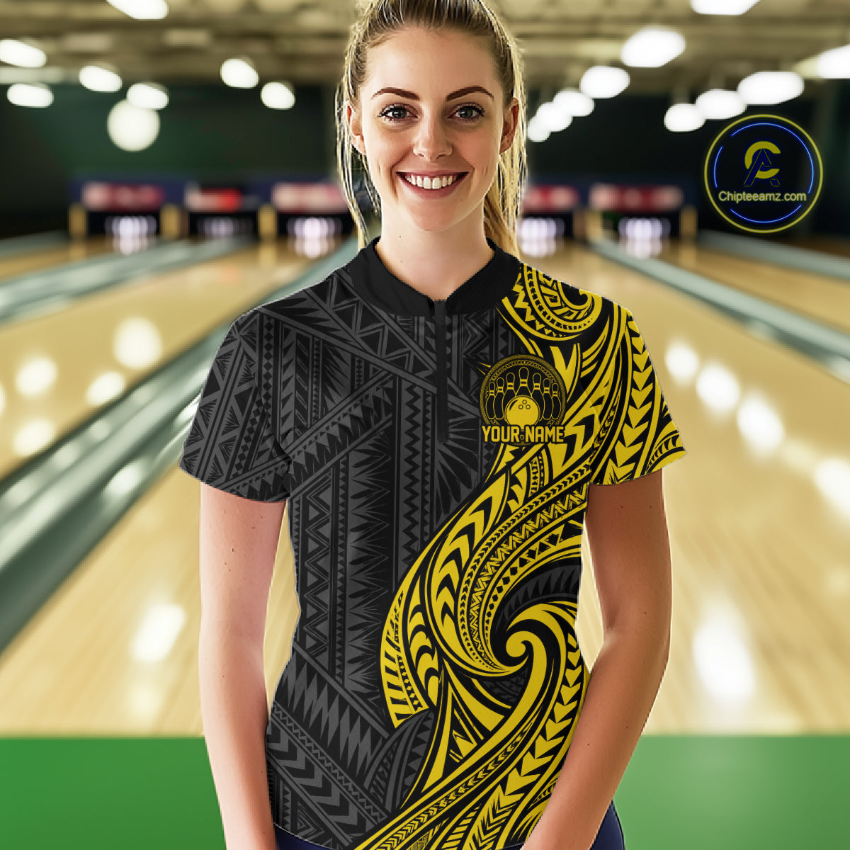 Custom Black And Gold Tribal Bowling Women Quarter-Zip Shirt, Bowling Team League Shirt IPHW12488