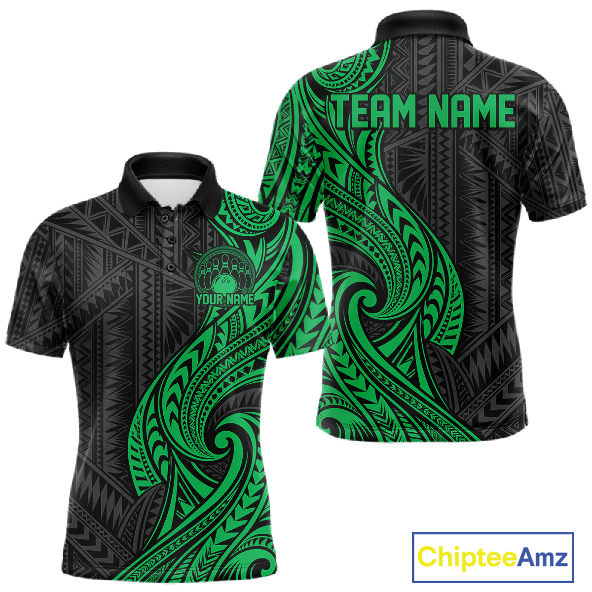 Custom Black And Green Tribal Bowling Men Polo Shirt, Bowling Team League Shirt IPHW12489