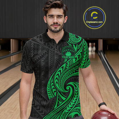 Custom Black And Green Tribal Bowling Men Polo Shirt, Bowling Team League Shirt IPHW12489