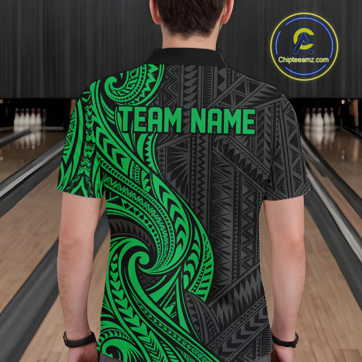 Custom Black And Green Tribal Bowling Men Polo Shirt, Bowling Team League Shirt IPHW12489