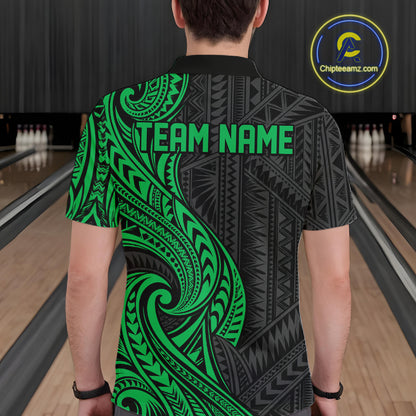Custom Black And Green Tribal Bowling Men Polo Shirt, Bowling Team League Shirt IPHW12489
