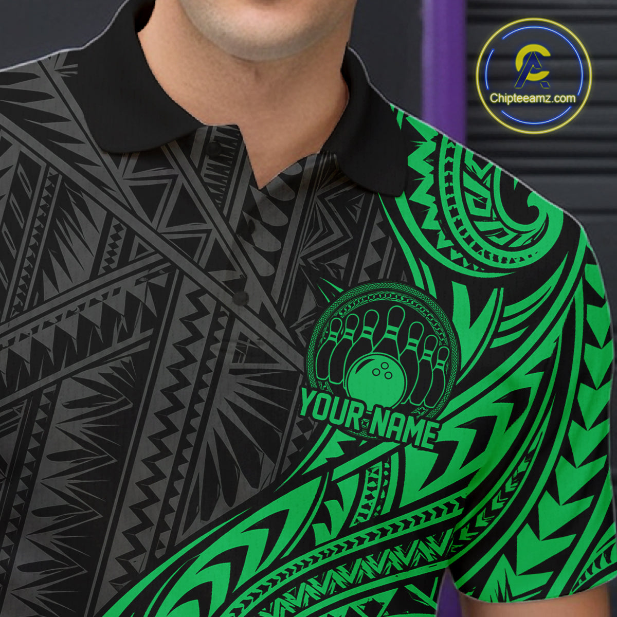 Custom Black And Green Tribal Bowling Men Polo Shirt, Bowling Team League Shirt IPHW12489