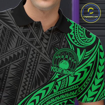 Custom Black And Green Tribal Bowling Men Polo Shirt, Bowling Team League Shirt IPHW12489