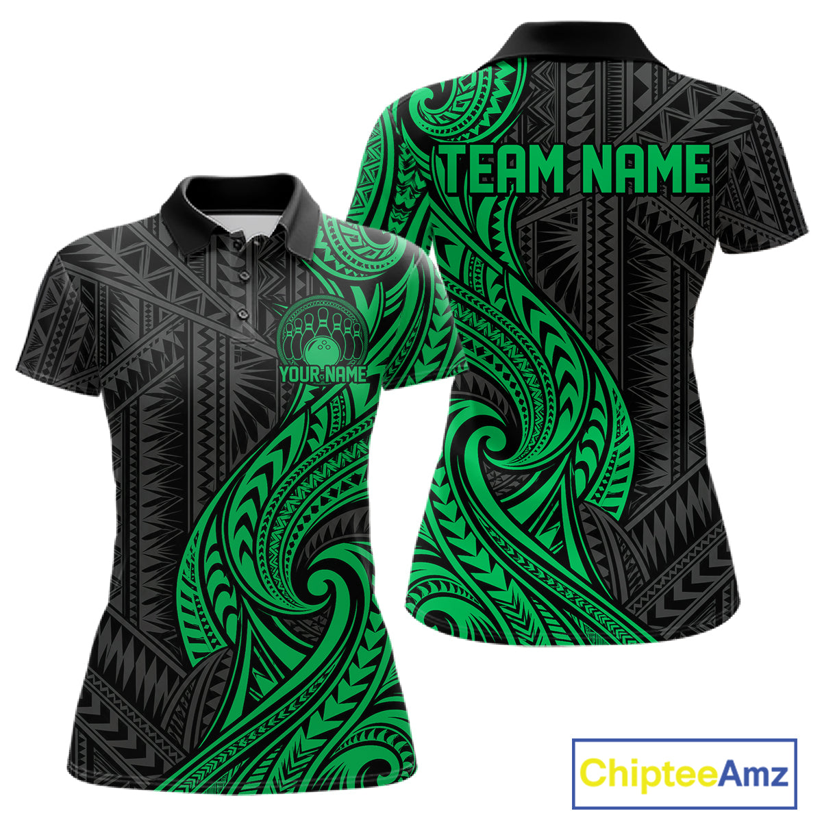 Custom Black And Green Tribal Bowling Women Polo Shirt, Bowling Team League Shirt IPHW12489