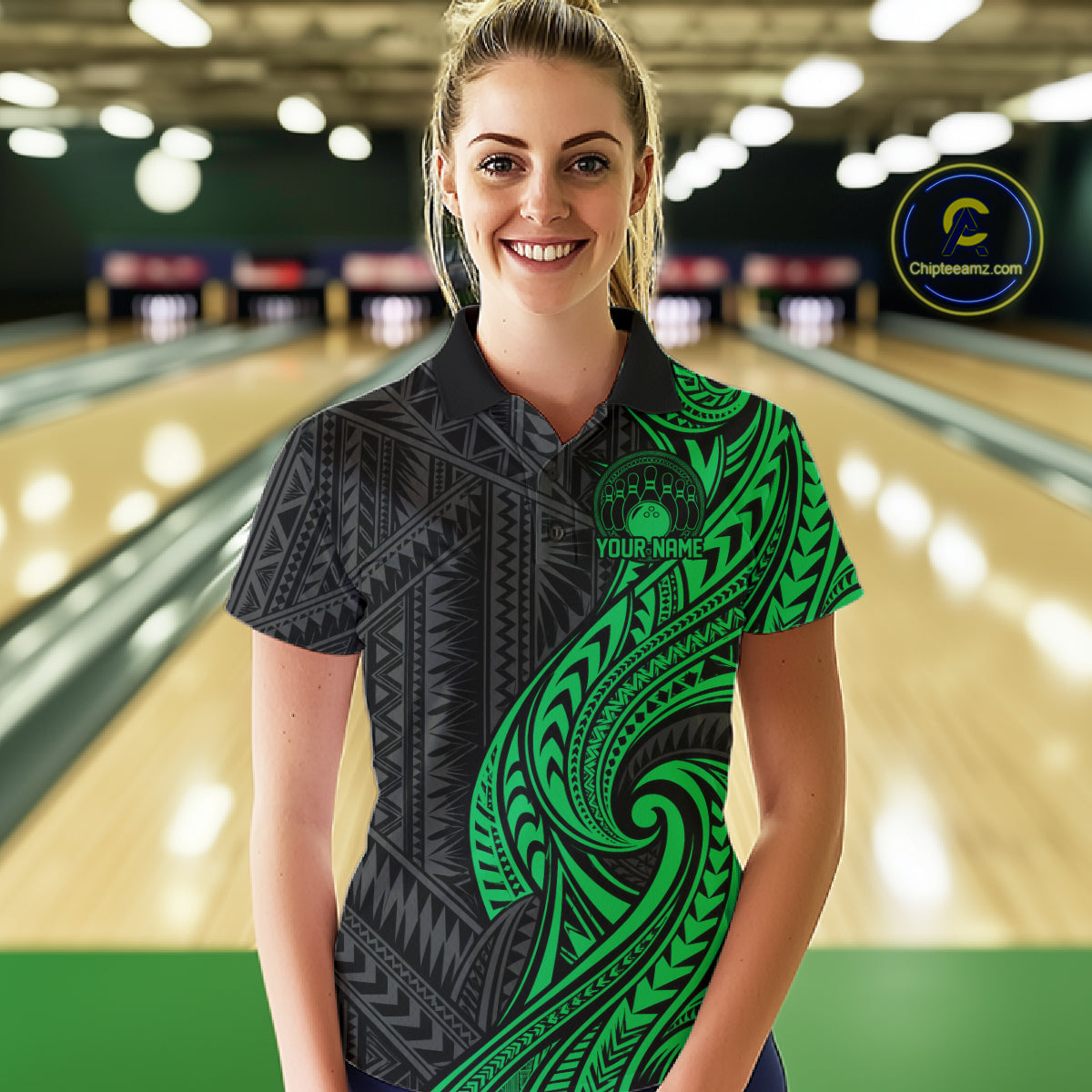 Custom Black And Green Tribal Bowling Women Polo Shirt, Bowling Team League Shirt IPHW12489