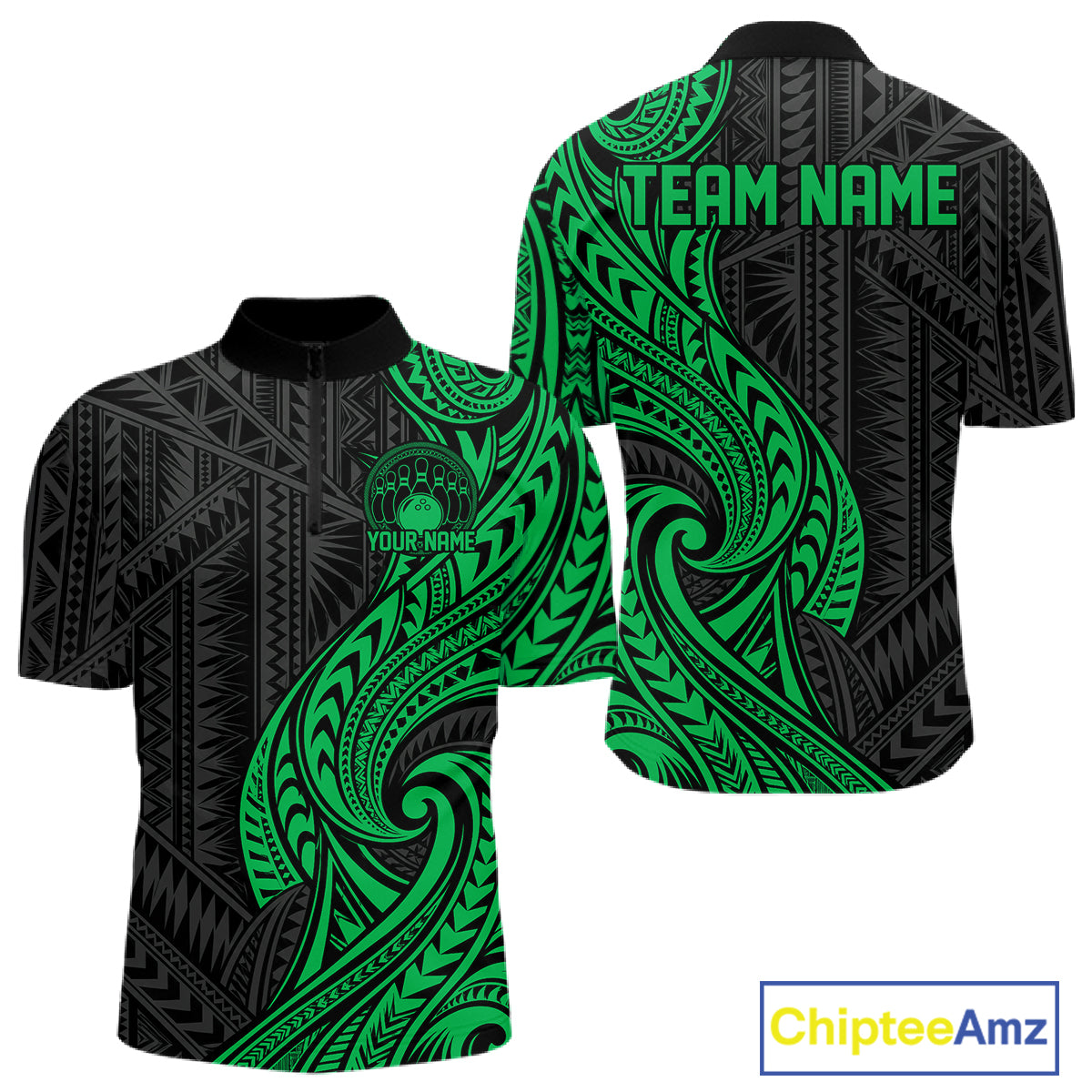 Custom Black And Green Tribal Bowling Men Quarter Zip Shirt, Bowling Team League Shirt IPHW12489